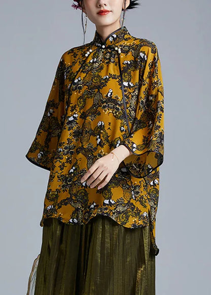 Yellow Stand Collar Button Low High Design Silk Shirts Spring