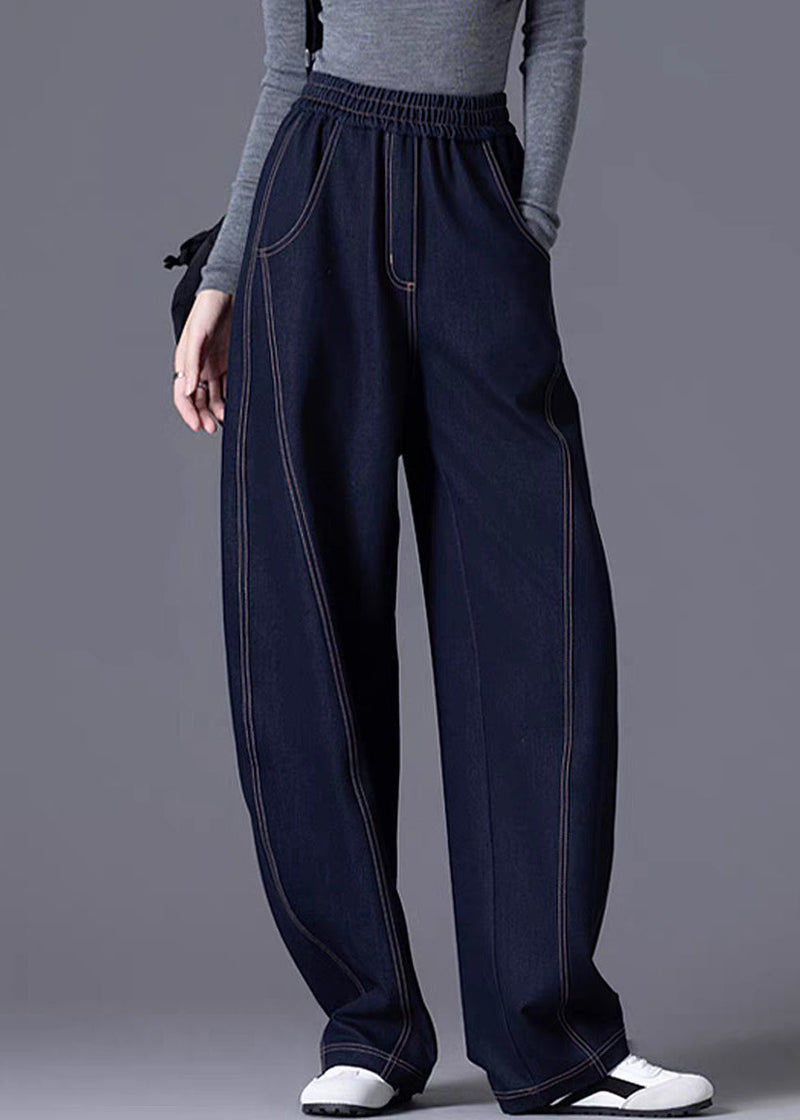 Wine Red Elastic Waist Patchwork Denim Pants Spring