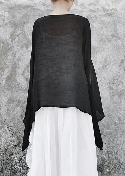 Black Baggy Linen Upf 50+ Tops Asymmetrical Batwing Sleeve