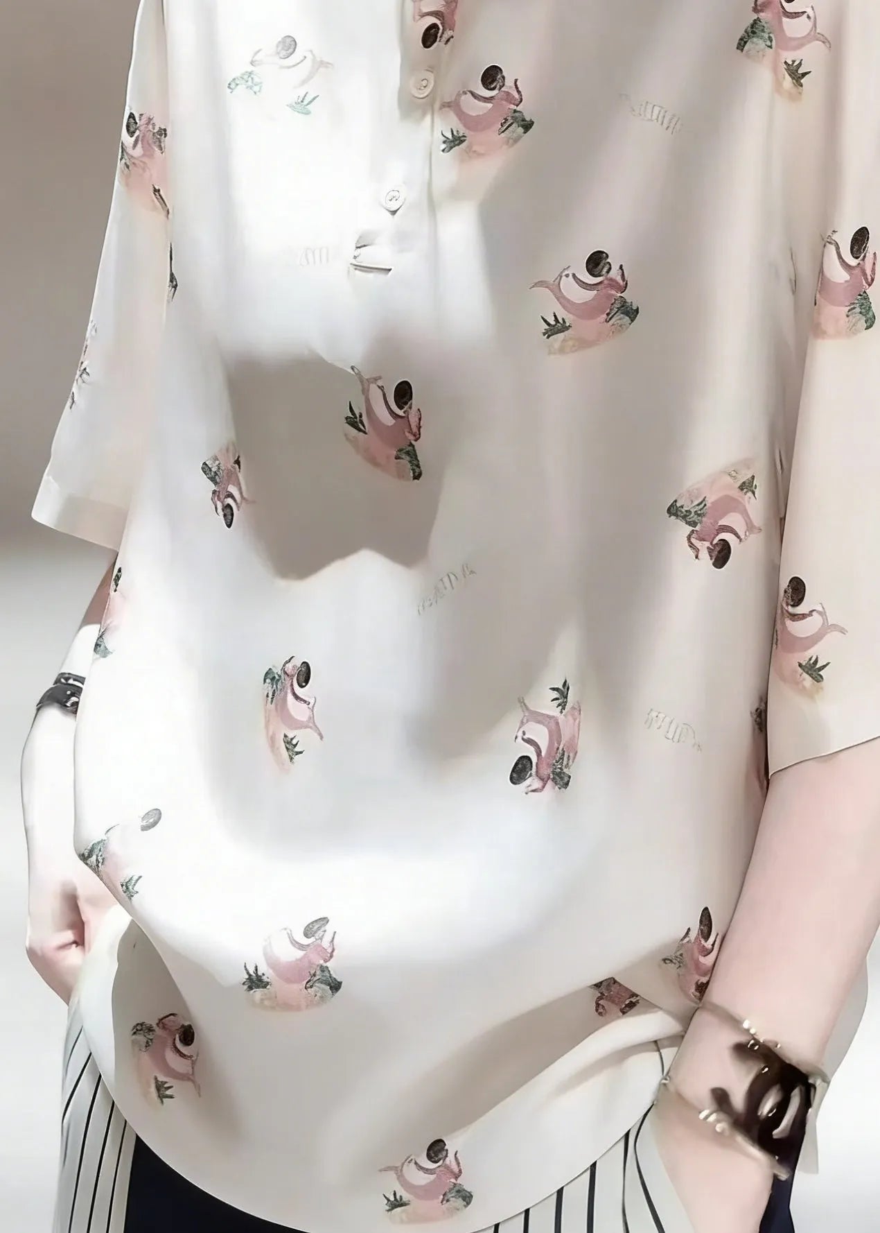 Peter Pan Collar Print Patchwork Silk Shirts Half Sleeve
