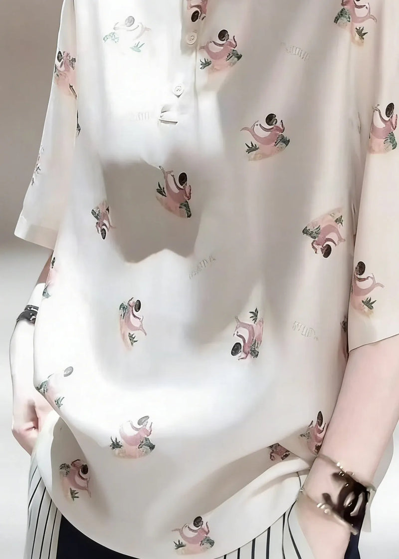 Peter Pan Collar Print Patchwork Silk Shirts Half Sleeve