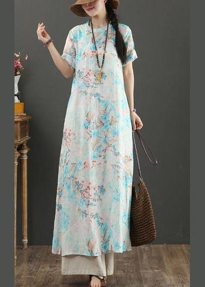 Comfy Blue Print Linen Short Sleeve Summer Vacation Dresses
