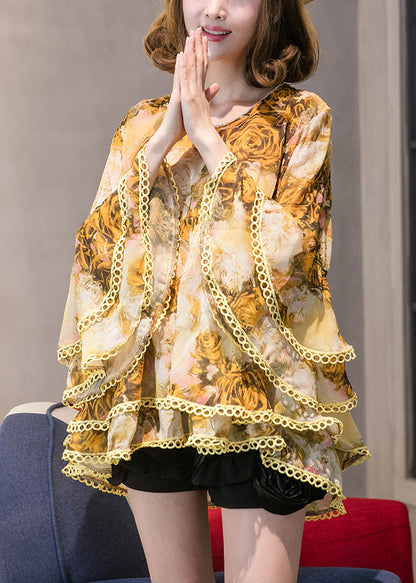 Classy Yellow Print Chiffon Tops Flare Sleeve