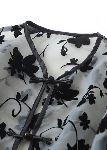 Loose Grey Print Chinese Button Tulle Upf 50+ Tops Summer