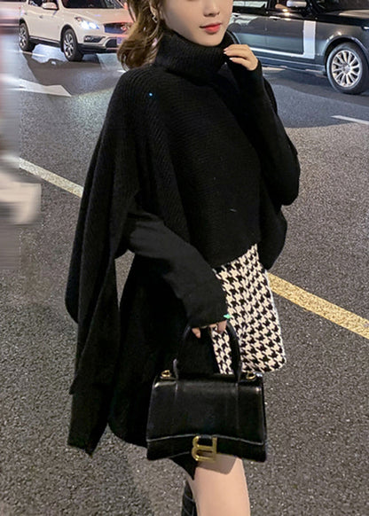 Black Turtleneck Asymmetrical Knit Cape Sweaters Spring