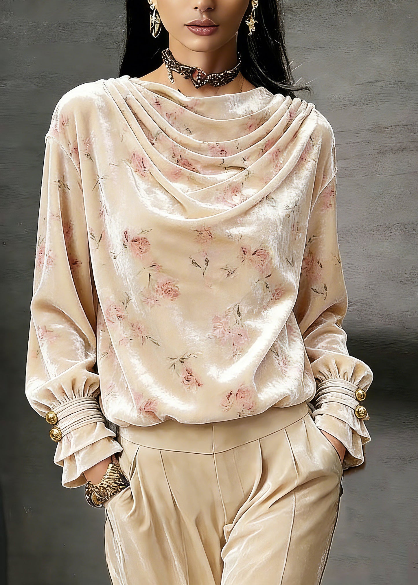 Pink Draped Necklin Print Silk Velour Shirts Lantern Sleeve