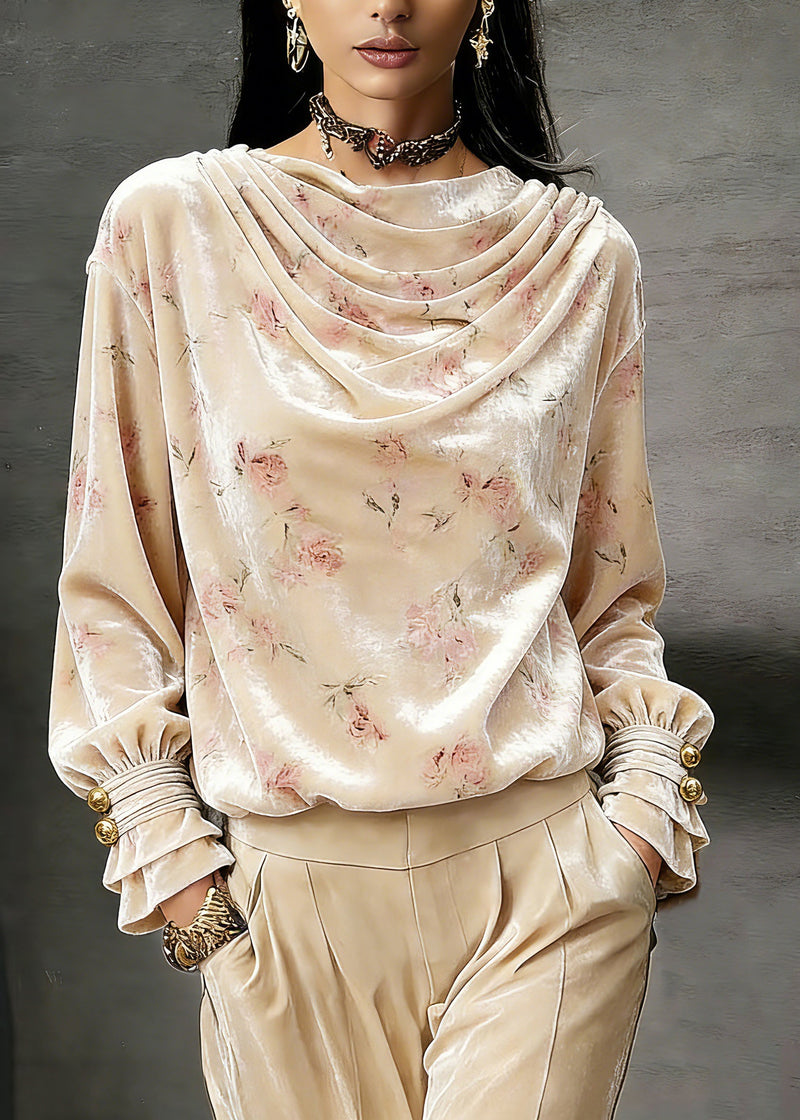 Pink Draped Necklin Print Silk Velour Shirts Lantern Sleeve