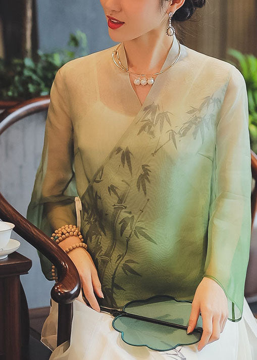 Classy Cyan Tie Waist V Neck Print Silk Tops Spring