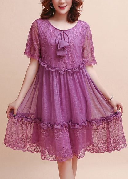 Diy Purple Ruffled Embroidered Silk Dress Summer