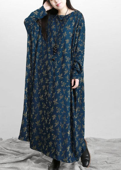 Handmade Blue Print Long Sleeve Fall Dress