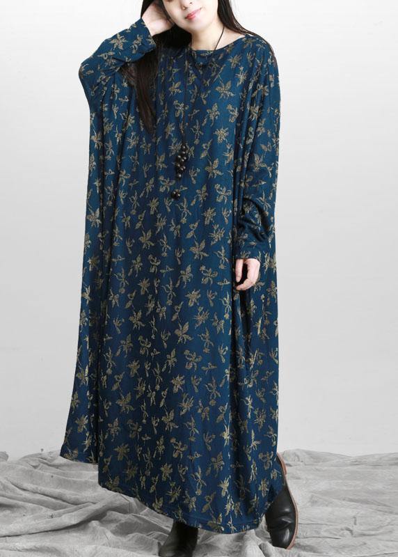 Handmade Blue Print Long Sleeve Fall Dress