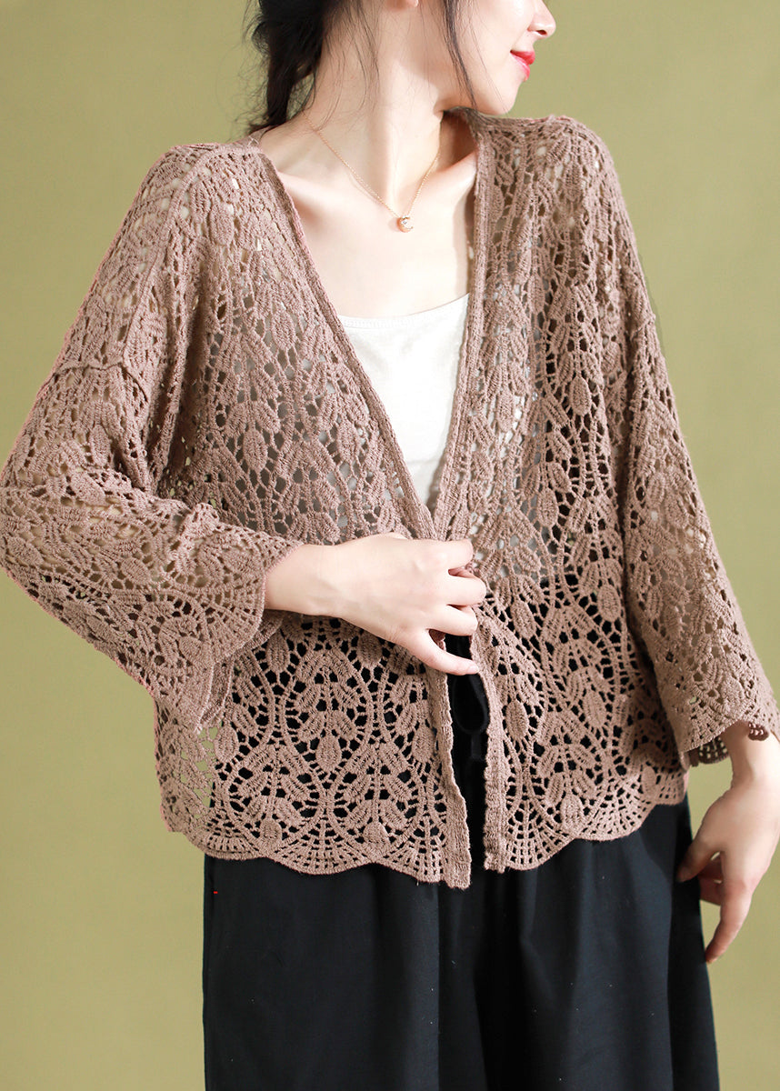 Chocolate V Neck Hollow Out Knitting Cotton Cardigans Summer