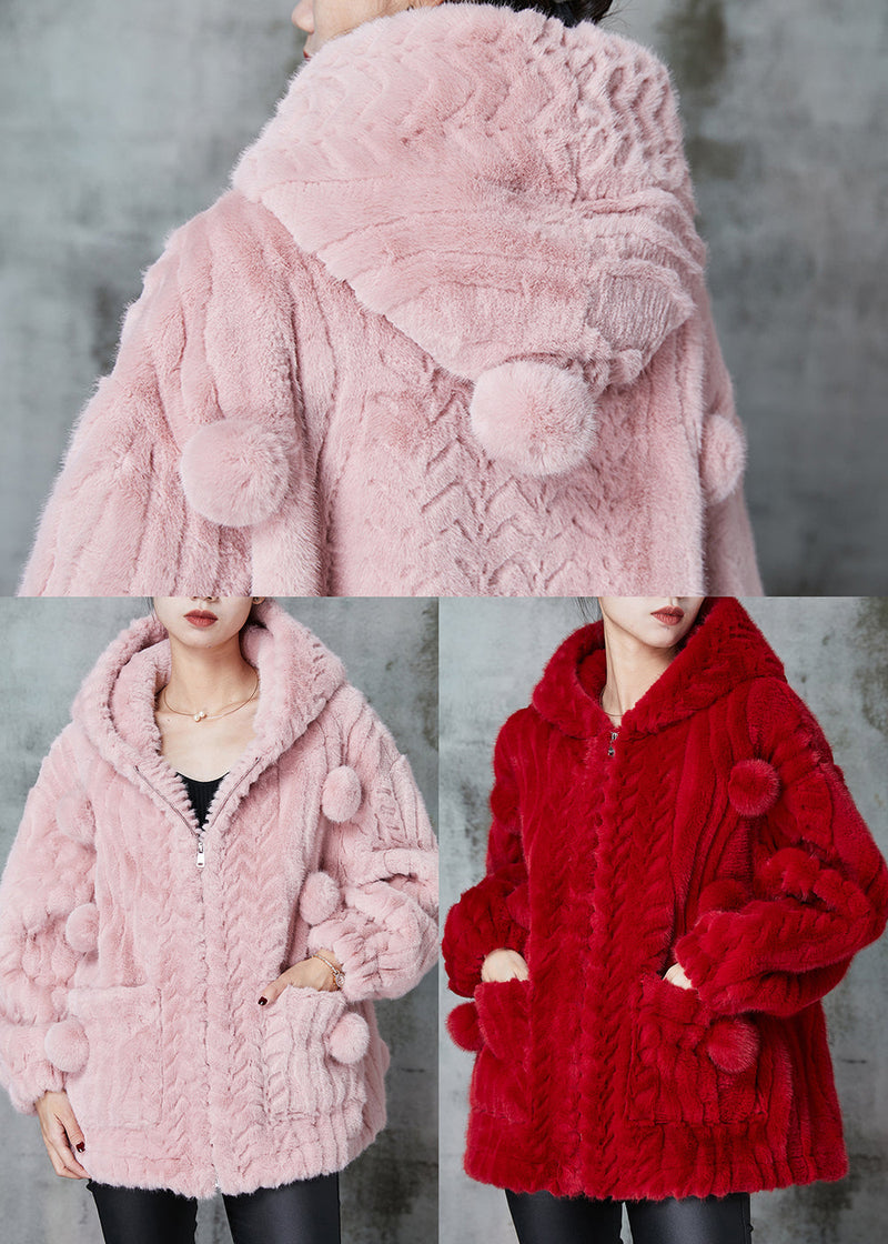 Pink Hooded Fuzzy Fur Fluffy Coat Outwear Spring