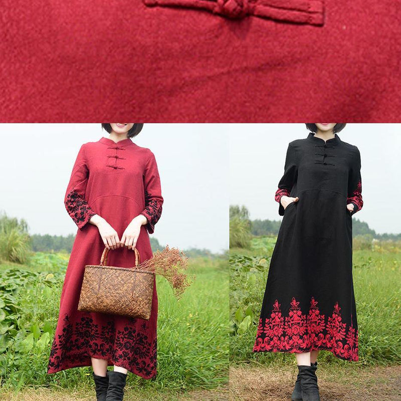 Vivid Stand Collar Spring Tunics Work Black Embroidery Long Dresses
