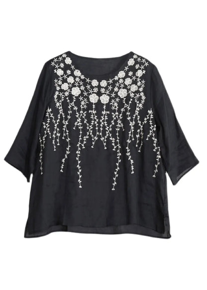 Black Embroideried Linen Top Three Quarter Sleeve