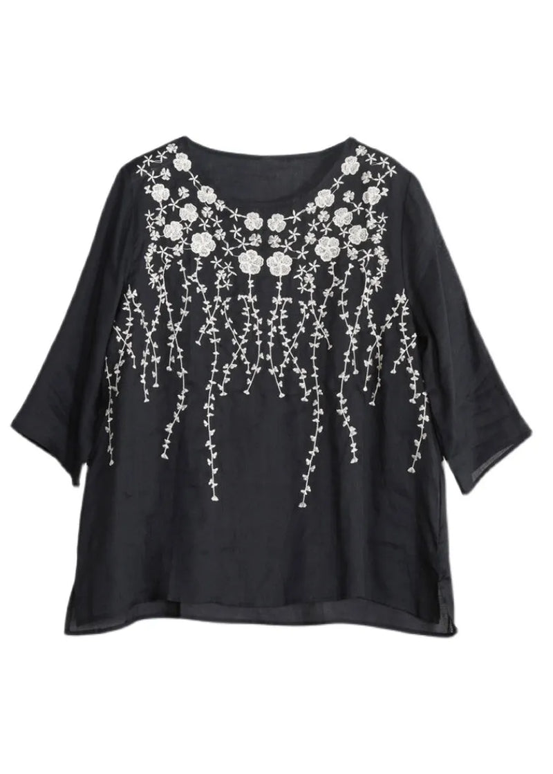 Black Embroideried Linen Top Three Quarter Sleeve