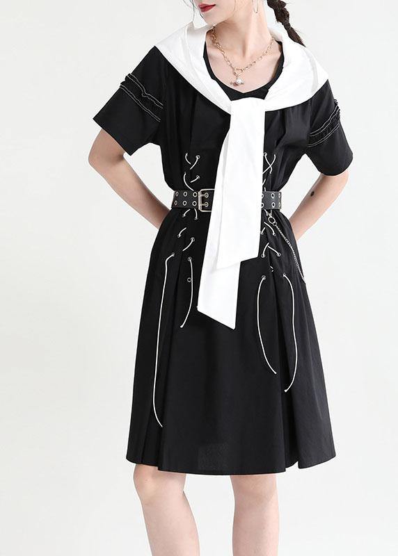 Comfy Black Hooded Design Patchwork Summer Mini Dresses Short Sleeve