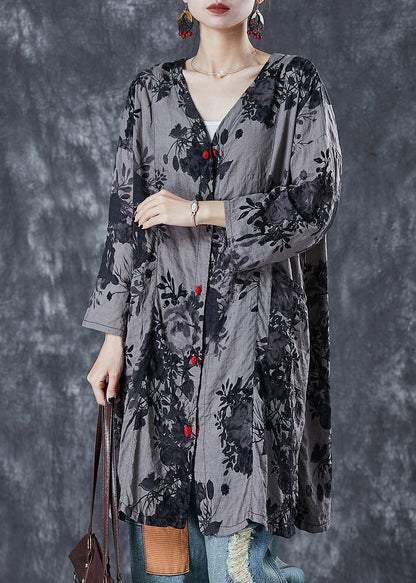 Diy Grey Oversized Print Cotton Long Shirt Summer