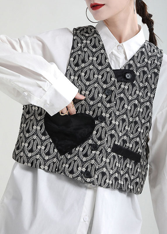 Black Button Pockets Fall Sleeveless Blouses Vest