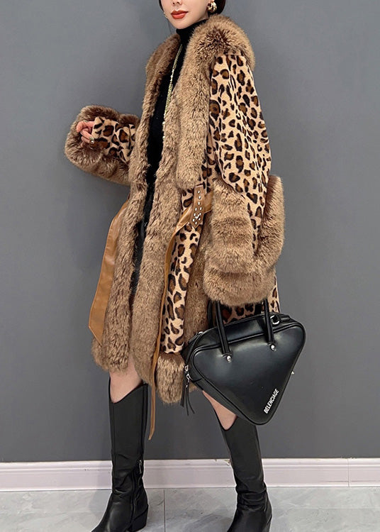Leopard Fur Collar Print Patchwork Button Tie Waist Mink Velvet Leather and Fur Thick Coats Winter