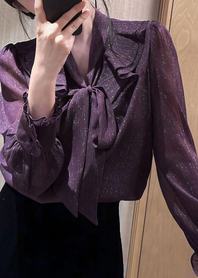 Unique Purple Bow Ruffled Shirt Fall