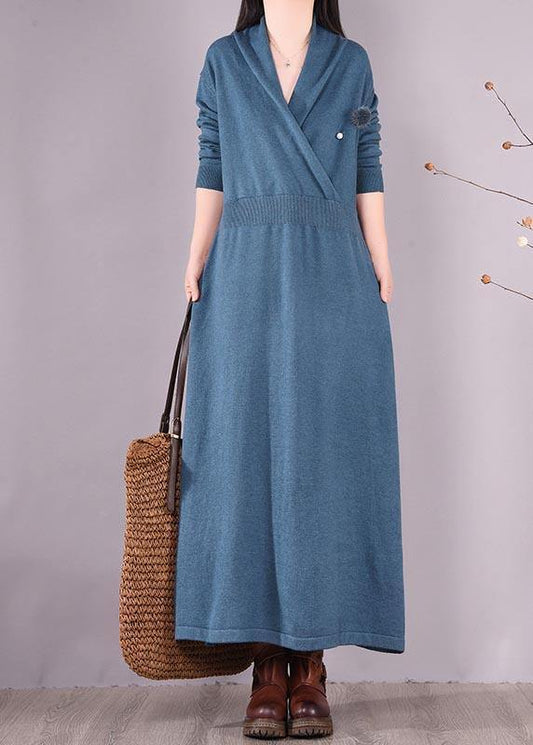 Loose V Neck Asymmetric Spring Quilting Clothes Work Blue Robes Dresses