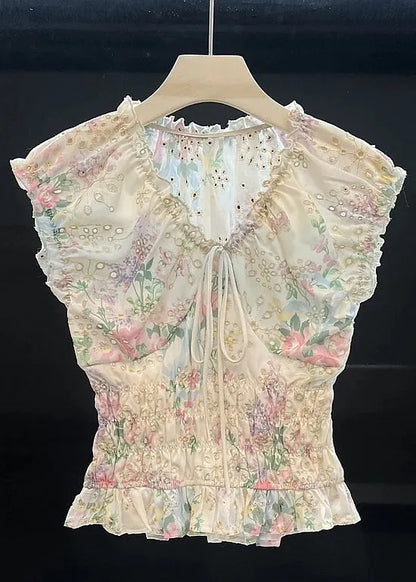 Art White Hollow Out Lace Up Cotton Shirt Summer