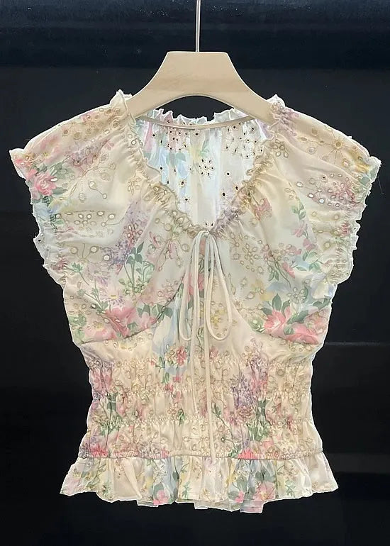 Art White Hollow Out Lace Up Cotton Shirt Summer