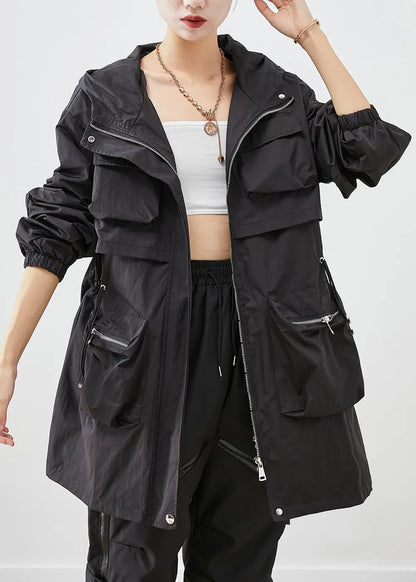 Black Oversized Patchwork Pockets Spandex Coat Fall