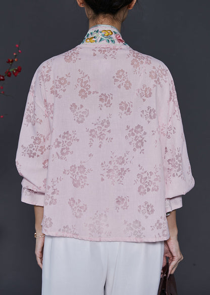 Pink Embroidered Lace Up Silk Cardigans Spring