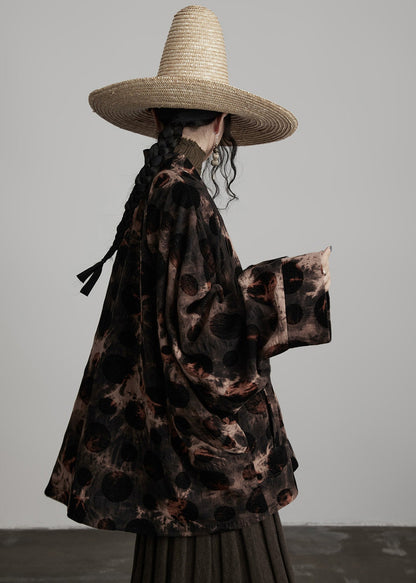 Coffee V Neck Button Tie Dye Cotton Coats Fall