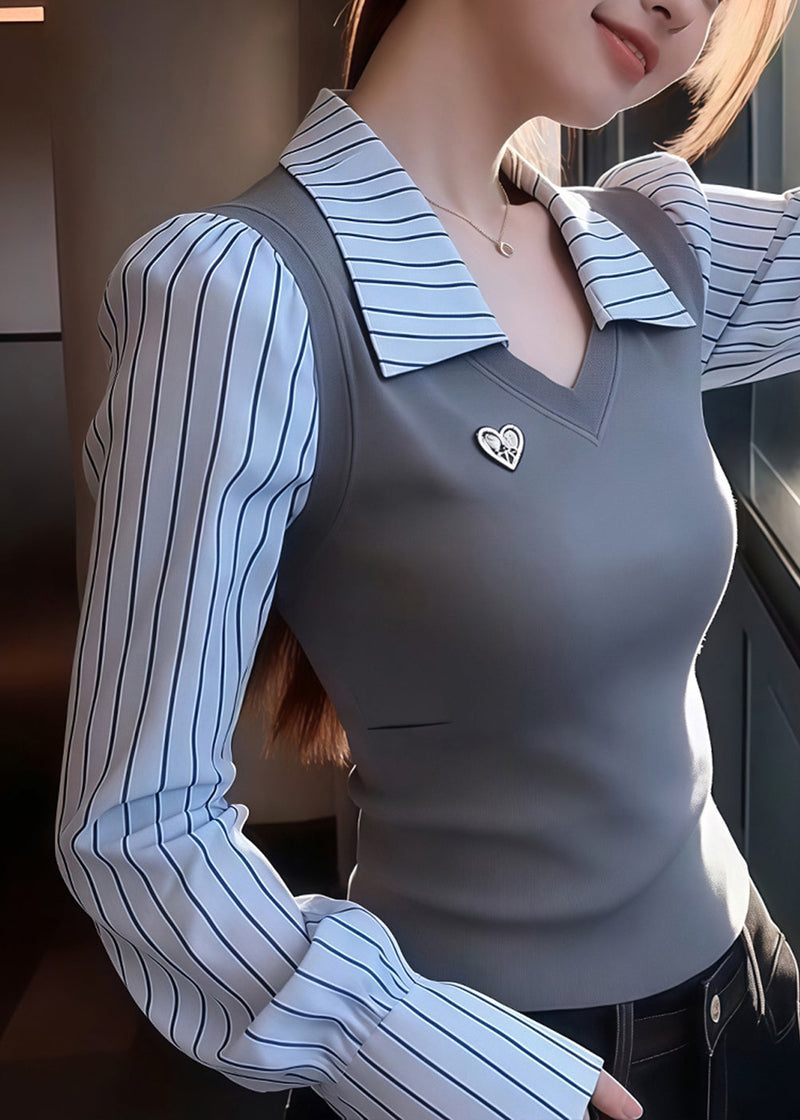 Slim Fit Grey Striped False Two Pieces Patchwork Knit Sweaters Spring