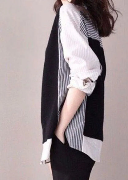 Black O-neck Striped Patchwork Shirt Fake Two Top Spring