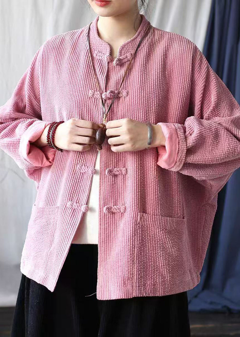 Pink Stand Collar Pockets Corduroy Jackets Spring