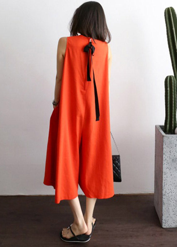 Red O-neck Pockets Jumpsuit Pants Summer