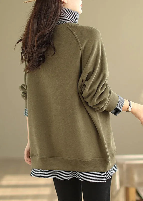 Green Hign Neck Patchwork Warm Fleece Pullover Winter