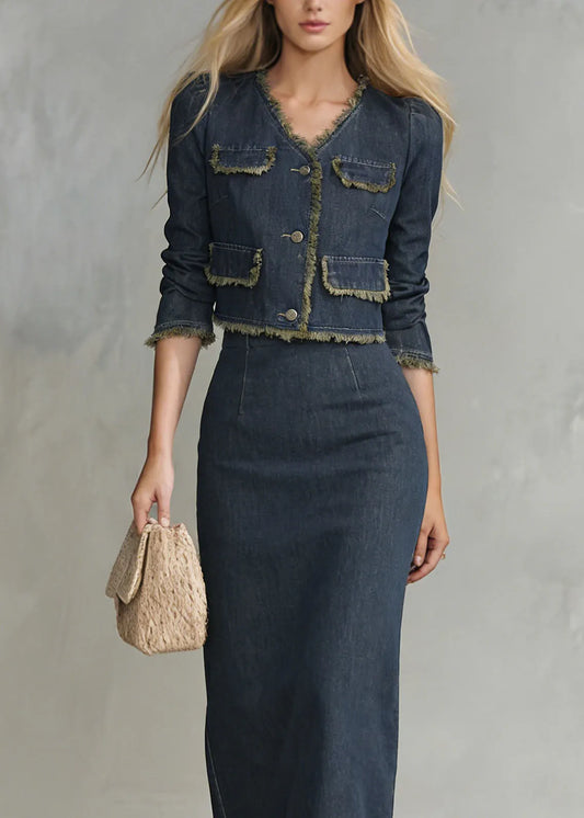 Navy V Neck Coat and Skirts Denim Two Piece Set Spring