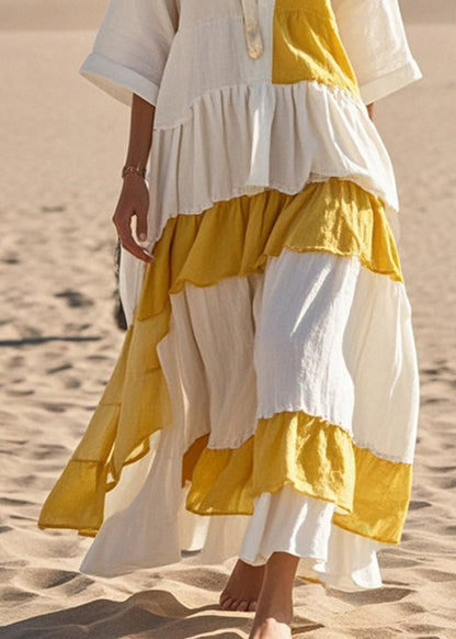Stylish White Asymmetrical Patchwork Cotton Holiday Dress Bracelet Sleeve Summer