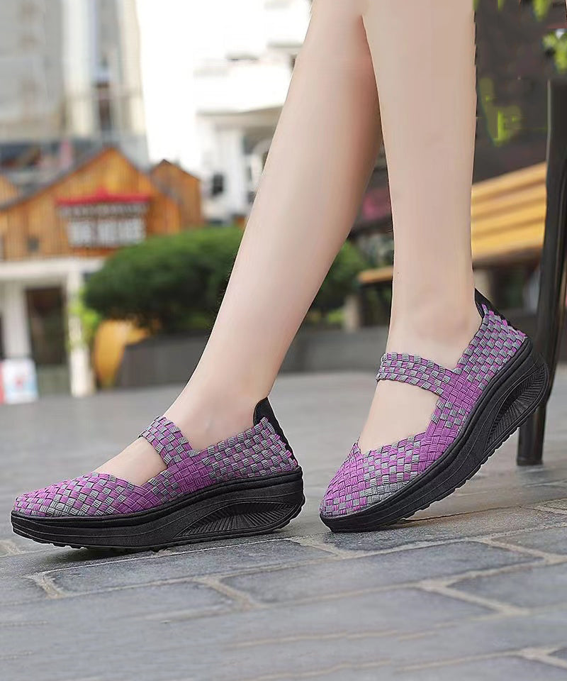 Purple Comfortable Knit Fabric Splicing Wedge Shoes