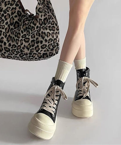 Black Platform Faux Leather Stylish Splicing Lace Up Boots