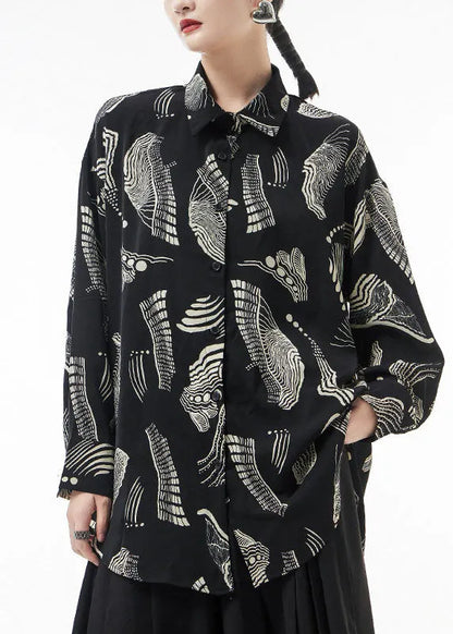 Black Button Peter Pan Collar Chiffon Blouses Spring