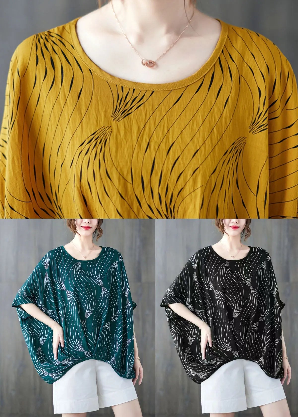 Black Print Cotton Tanks Wrinkled O-neck Batwing Sleeve