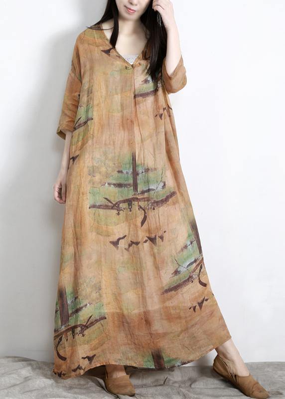 Diy Yellow Print Linen Oversize Summer Long Dress