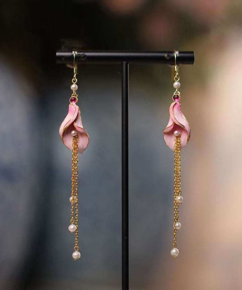 Pink Sterling Silver Overgild Pearl Horseshoe Lotus Tassel Drop Earrings