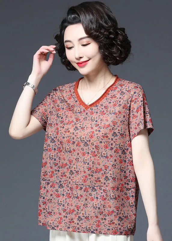 Orange V Neck Print Patchwork Tank Tops Short Sleeve