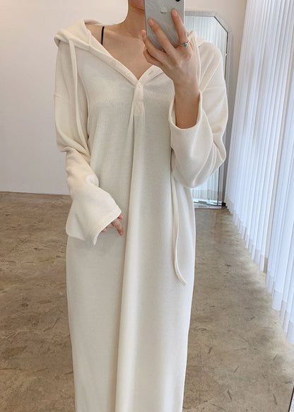 White Drawstring Button Dresses Spring