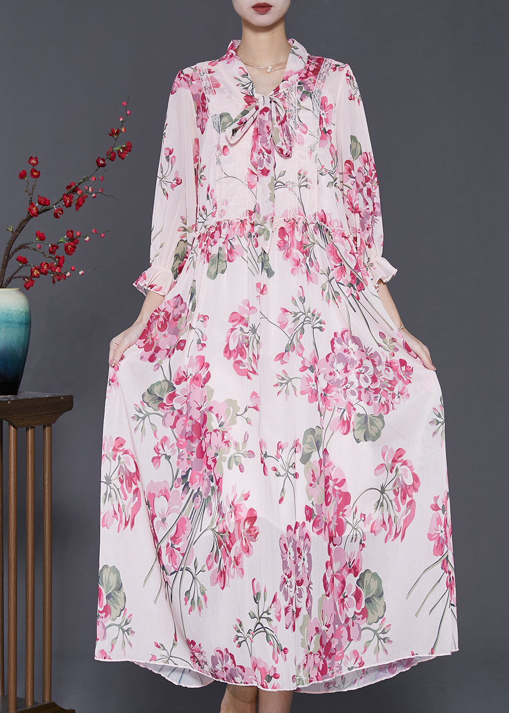 Pink Ruffled Print Chiffon Dress Spring