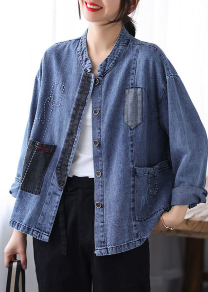 Blue Stand Collar Patchwork Button Denim Coats Spring
