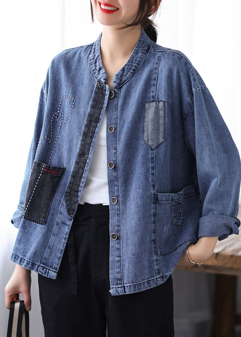 Blue Stand Collar Patchwork Button Denim Coats Spring