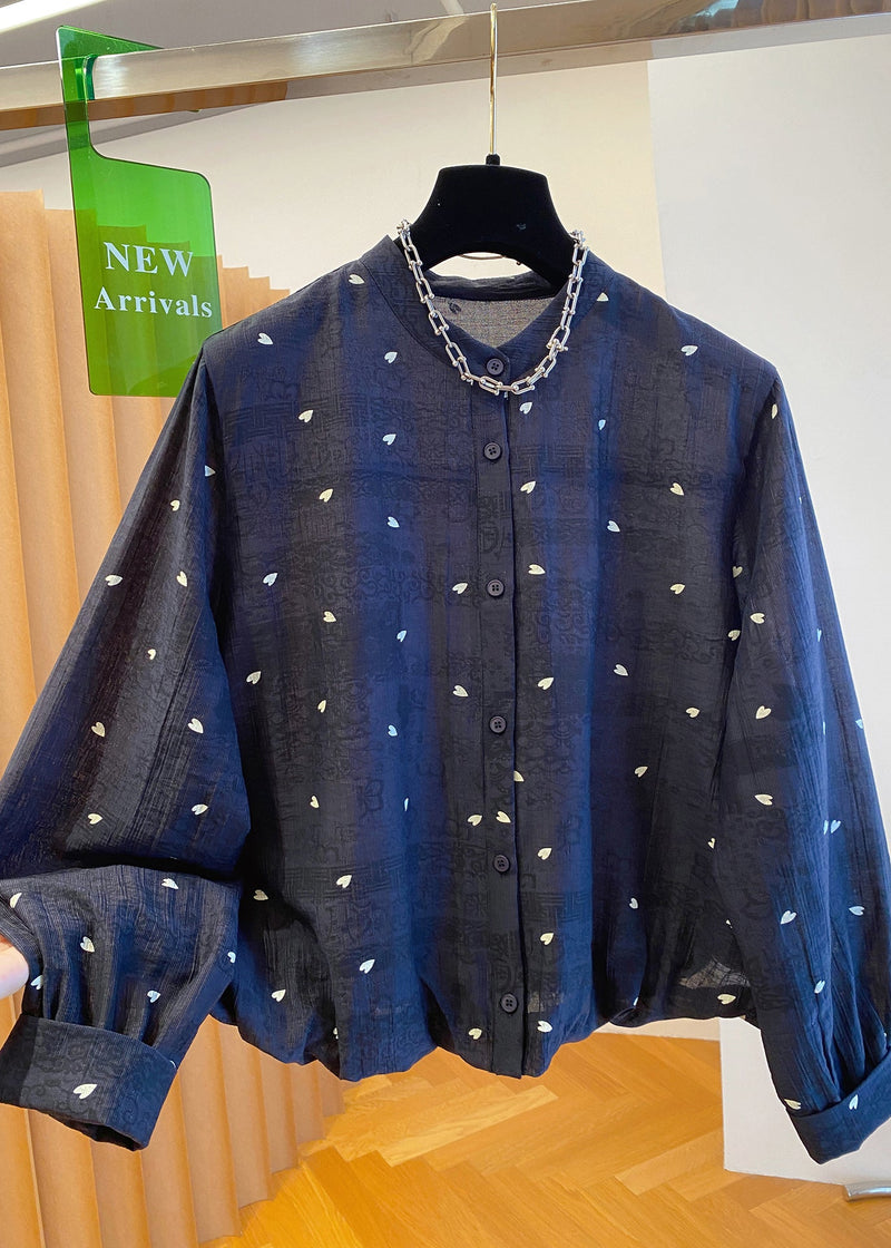 Black O Neck Jacquard Button Cotton Blouses Fall